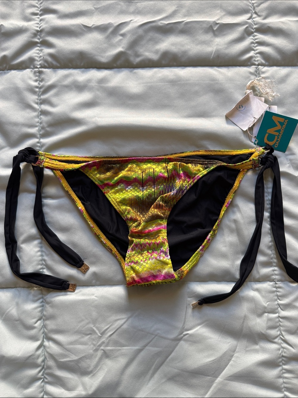 Neon Yellow Pink Shimmer Patterned Bikini Bottom Side Tie NWT medium
